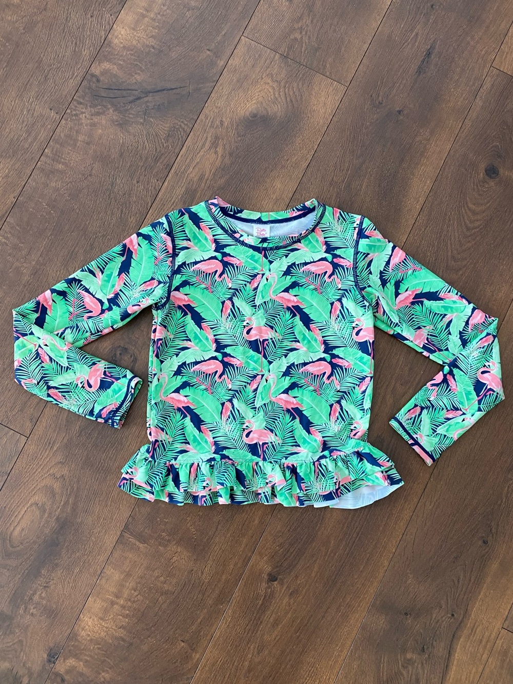 RuffleButts Flamingo Frenzy Long Sleeve Rash Guard Swimsuit Top Girls Size 10